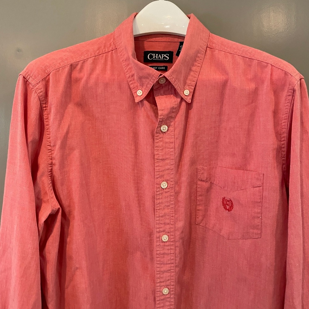 Chaps Mens Easy Care Button Down Shirt Salmon Pink Long Sleeve Size L Crest Logo